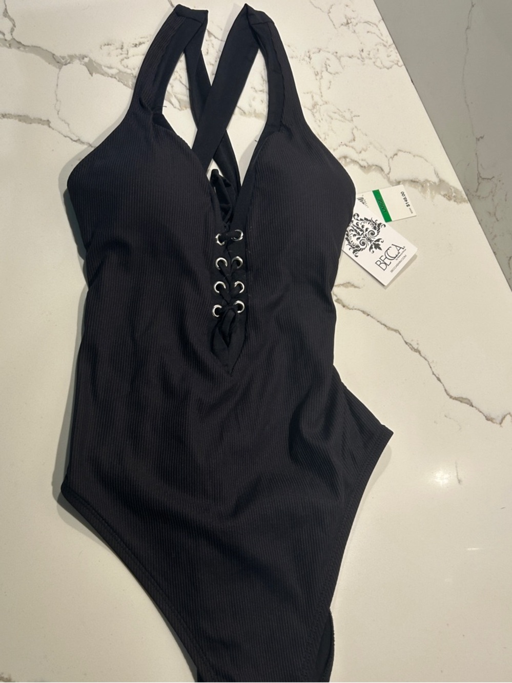 BECCA Black Ribbed Lace-Up Crossover One-Piece Swimsuit